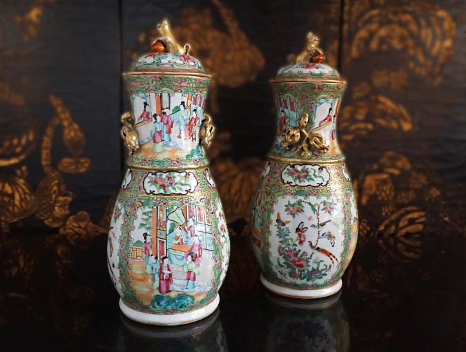 Buy or sterling Asian artifacts or china. See this pair famille rose canton jars vases with lids at our La Jolla store