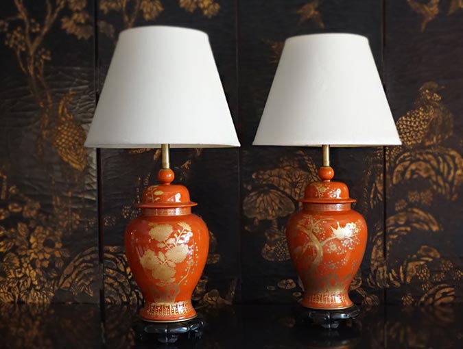 Buy or sell fine home furnishings and lamps. See this matched pair of orange gold floral ginger jar lamps at our La Jolla store