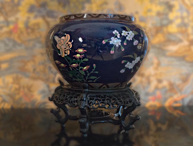Buy or consign decorative accessories. See this cloisonne flower bowl and stand only at The Ark in La Jolla.