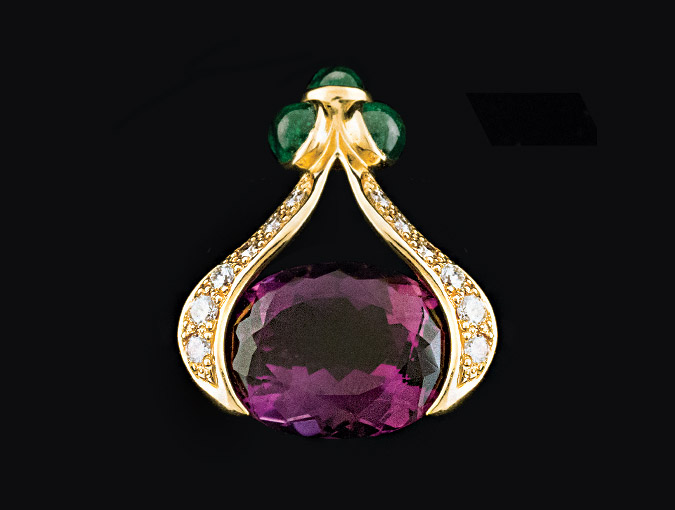 Buy or consign fine jewelry. See these 18k gold pendent with green garnet, amethyst and diamonds at our La Jolla store.