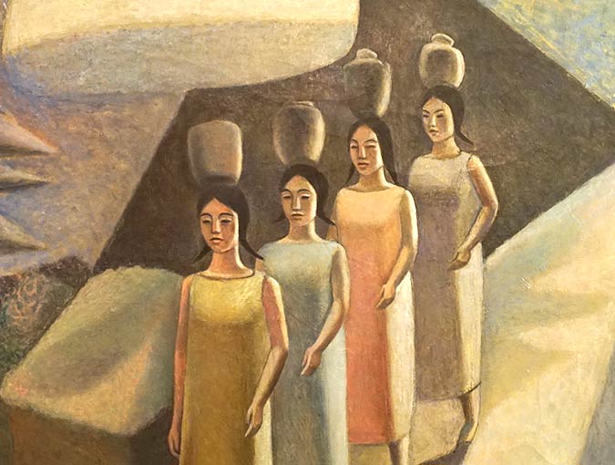 Everett Gee Jackson, signed oil on canvas framed in black acrylic and mounted on plexiglass, “The First Four Women in the World”