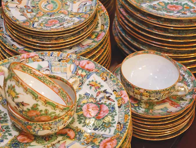 Image Of Famille Rose China Plates, Cups And Saucers.