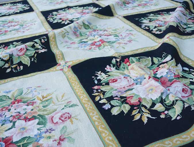 Portuguese Needlepoint Rug 1 890 Ark Antiques La Jolla Ca Image Detail Of A Portuguese Needlepoint Rug With Squares Flowers On Alternating Black And Cream