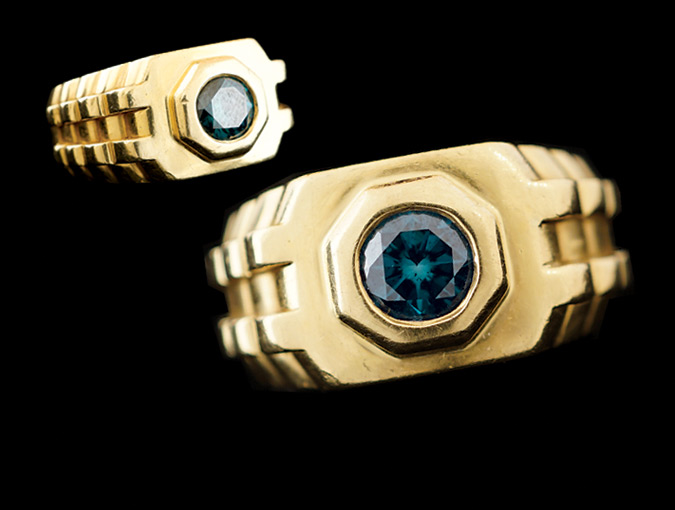 Image Of Rolex Diamond Ring Features 18K Yellow Gold And Radiated Blue 1.10tcw Diamond Center.