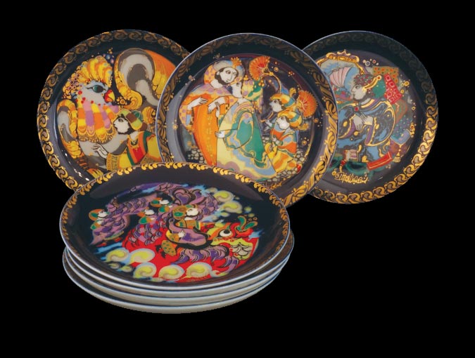 Image Of Rosenthal “Sinblad The Sailor” Porcelain Plate Set; Designed By Danish Artist, Bjorn Wiinblad, The Set Includes 8 Plates, 6 ½”diam With 4 Boxes.