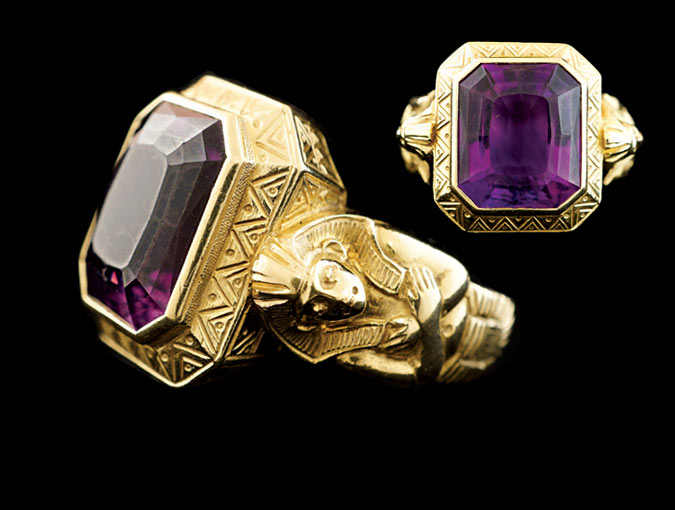 Image of Egyptian Revival Ring features 18K yellow gold with Russian amethyst.