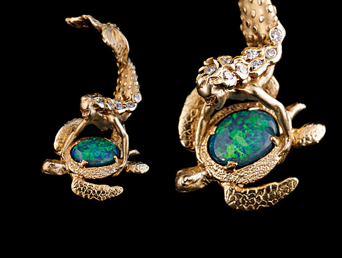 Image Of Steven Douglas Mermaid And Sea Turtle Pendant; Handmade, 14K Yellow Gold With Opal And Diamonds.