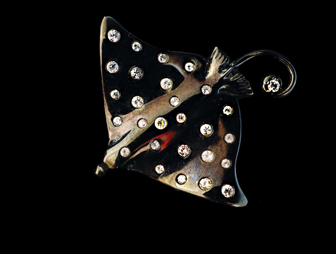 Image Of Steven Douglas Stingray Pendant; Handmade, Sterling And Black Enamel With Crystals.