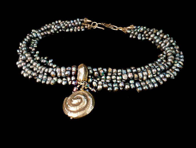 Image Of Grey Pearl Multi-strand Necklace With Silver Details And Sterling Clasp, 16”L.