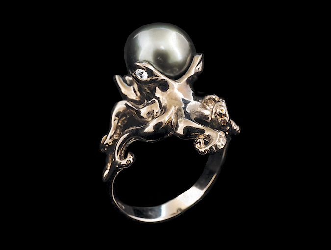 Image Of Sterling And Pearl Octopus Ring; Grey South Sea Pearl.