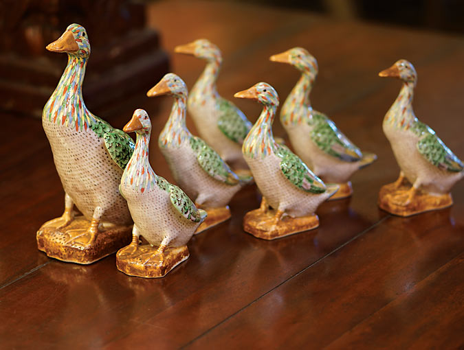 Image Of Seven Hand-painted Chinese Polychrome Pottery Ducks; 1 Duck 8.5”H, And 6 Ducklings 6”H.