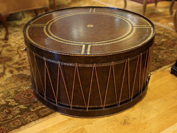 Image of Maitland Smith Drum Table; embossed leather with gold paint and metal accents; 38” Diam. x 18”H.