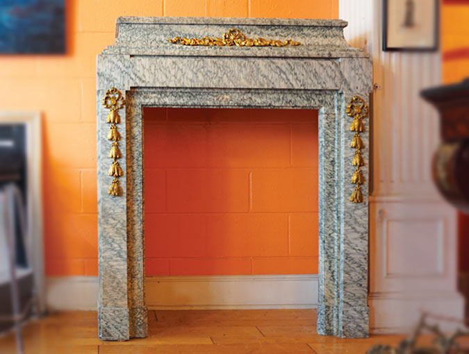 Image Of Green Marble Mantel With Gold Accents, 44”W X 15”D X 49”H.