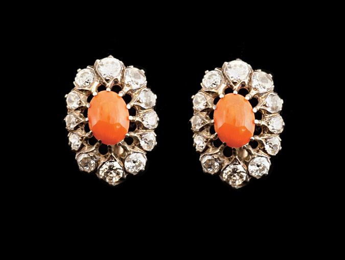 Image Of Vintage 14K Yellow-gold Pierced Earrings With Cabochon Coral Centers And Mine-cut Diamonds.