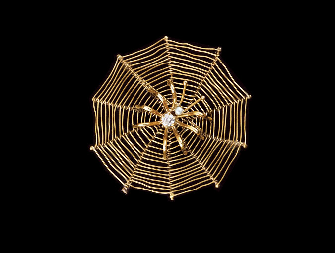 Image Of Vintage Gold Spider Web Pin: 14K Yellow Gold With Pearl And Diamond.