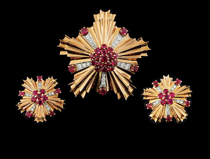 Image Of Vintage Rose Gold Pin And Pierced Earrings Set: 14K Rose Gold With Diamonds And Rubies.