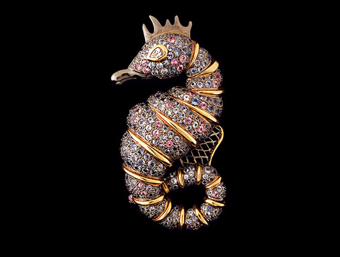 Image Of Gold Seahorse Pin With Gems: 18K White And Yellow Gold With Diamonds And Multi-color Sapphires, Flexible.