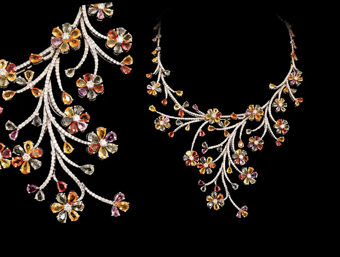 Image Of Gold, Diamond And Sapphire Floral Necklace: 18K White Gold With Multi-color Sapphires.