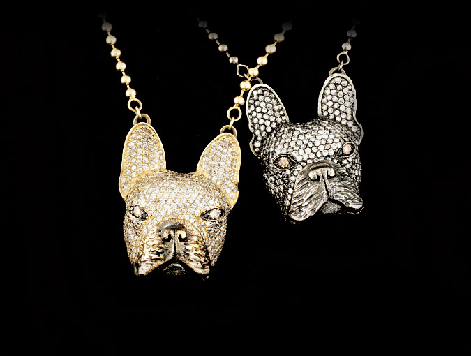 Image Of IF& Co. Ben Baller Gold & Diamond Bulldog Necklaces: 14K Yellow Gold With 16”L Chain (left) And 14K Rhodium-plated Gold With 16”L Chain (right).