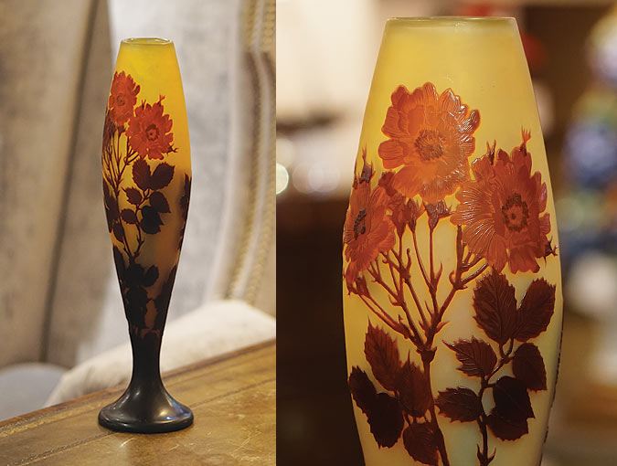 Image Of French Art Nouveau Emile Galle Vase Is Signed Cameo Glass, Rose Design Is 17 ½”H.