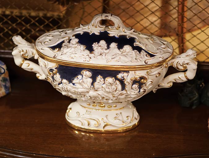 Image Of Italian Lidded Tureen Is Painted Earthenware, White With Blue And Gold Accents 20”W X 8.5”D X 12”H.