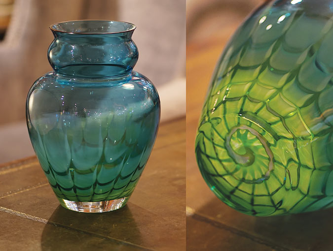 Image Of Waterford Art Glass Vase Is Signed And From The Evolution Series; Blue And Green, 9” Diam X 12”H.