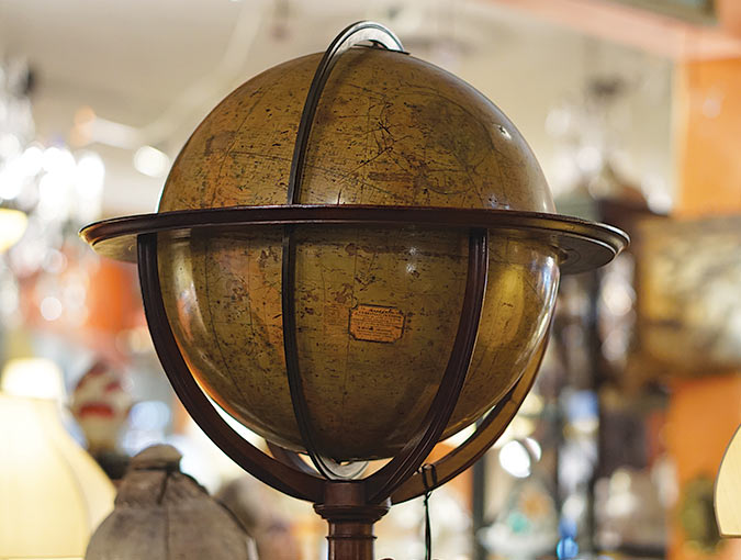 Image Of Antique English Library Globes On Stands (detail) By Thomas Malby & Sons Of London, C1836, Pair Of Celestial And Terrestrial Globes On Mahogany Stands 27” Diam X 36”H.