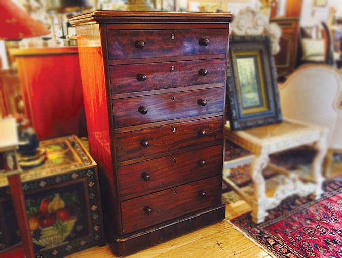 Image Of Antique Chest Of Drawers; Six Drawers, On Casters, 25”W X 20”D X 43”H.