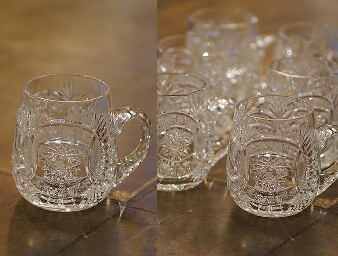 Image Of Ornate Cut Crystal Mugs; Set Of 7 With Each Mug Measuring 4” Diam X 4 ½”H.