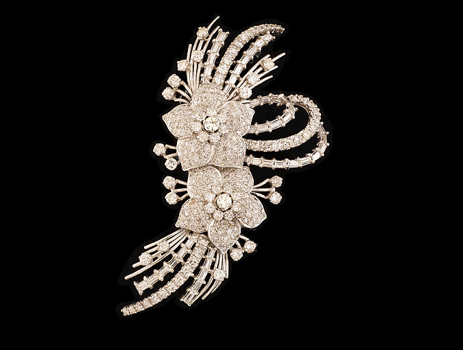 Image Of Vintage Platinum And Diamond Pin: Large Floral Spray, As Is.
