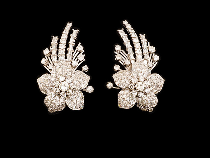 Image Of Vintage Platinum And Diamond Earrings: Clipped With Flowers.