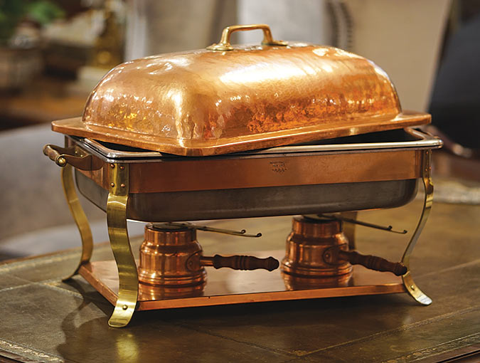 Image Of Vintage French Copper Chafing Dish (lid Open); “Bazar Francais” With Brass Details, 21”W X 13”D X 15”H.