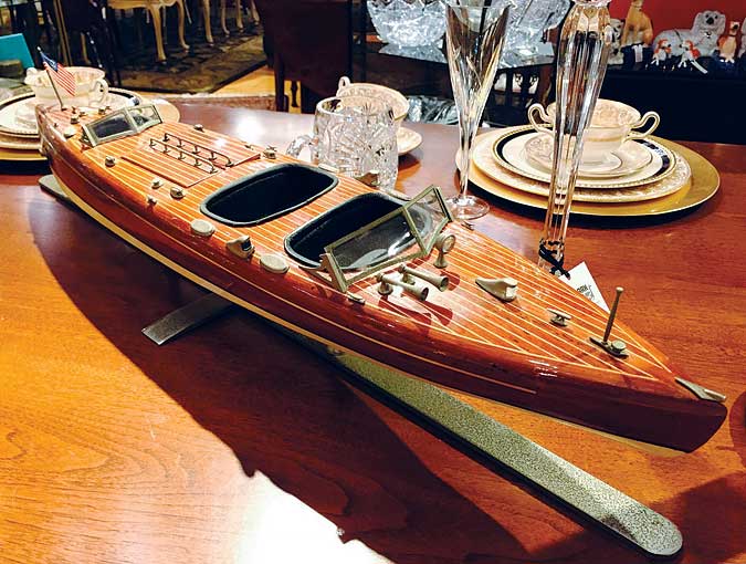 Image Of Wooden Boat Model Is Of The “Starcraft” Style On Metal Stand, 6”W X 33”L X 6”H.