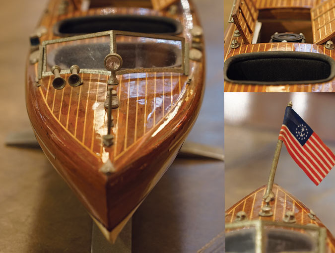 Image Of Wooden Boat Model (details) Is Of The “Starcraft” Style On Metal Stand, 6”W X 33”L X 6”H.