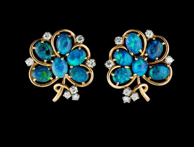 14K Black Opal Diamond Clipped Earrings