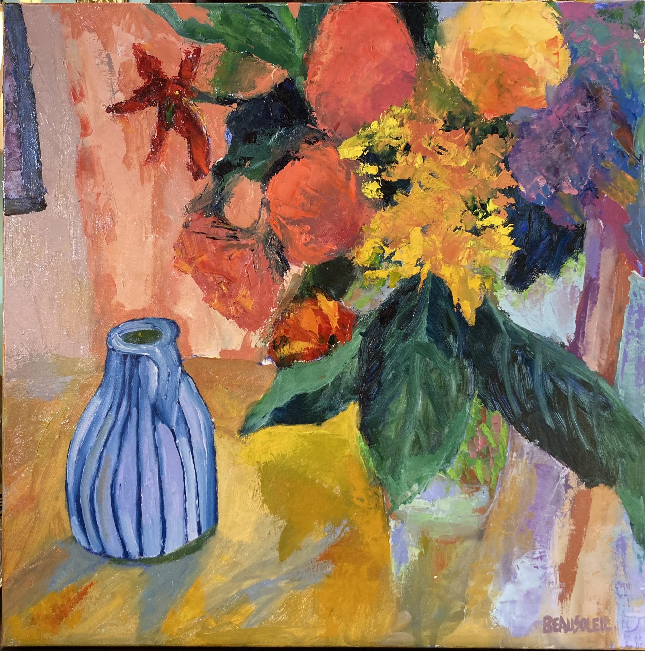 Pauline Beausoleil Striped Vase with Flowers