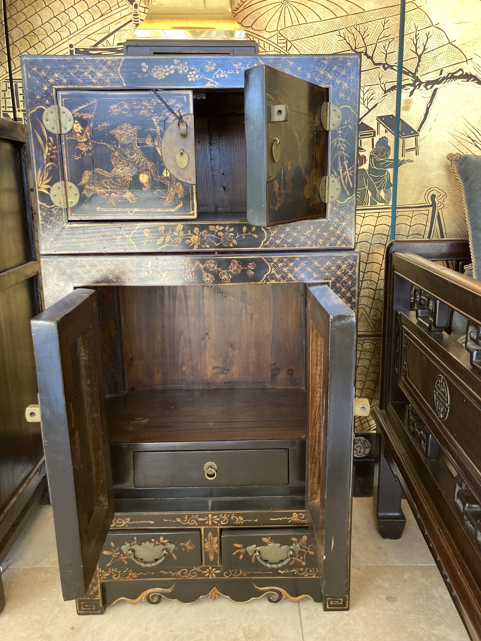 Pair Chinese Black Lacquer Cabinets