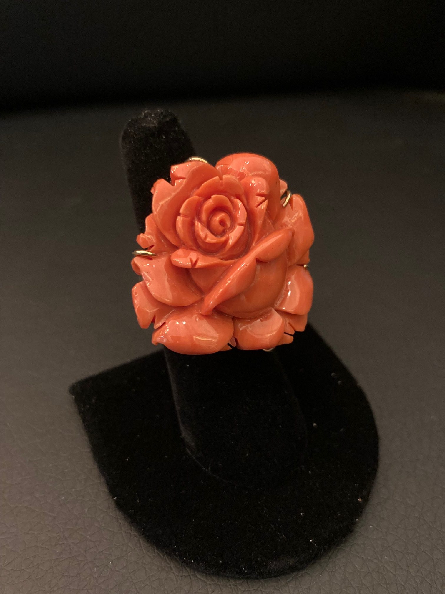 Carved Rose Red Coral Cocktail Ring