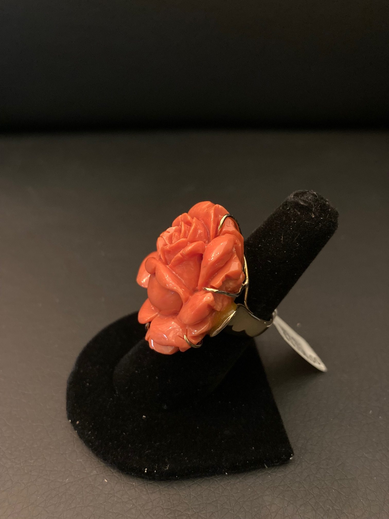 Carved Rose Red Coral Cocktail Ring