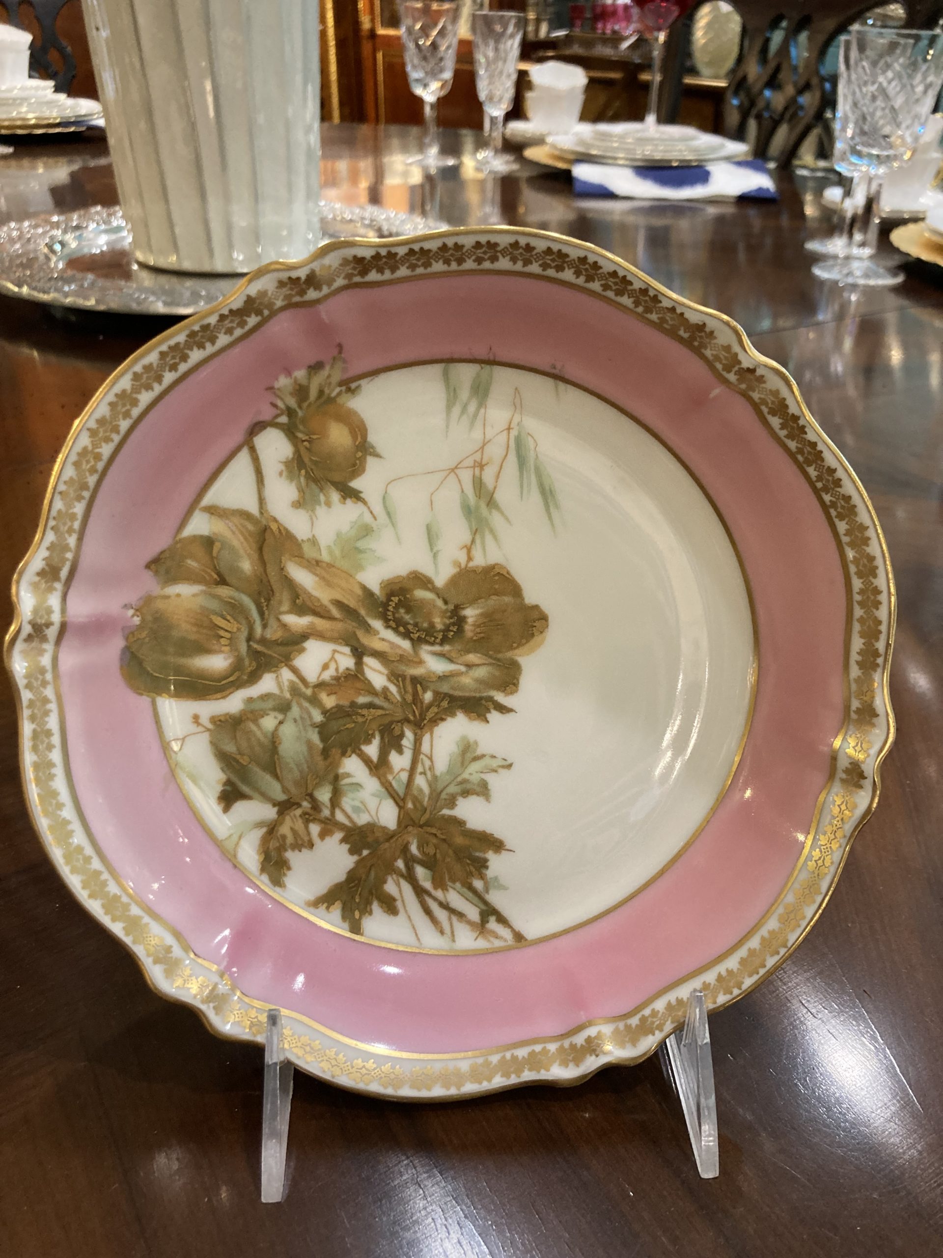 Limoges Pink Floral Rimmed Shallow Bowls