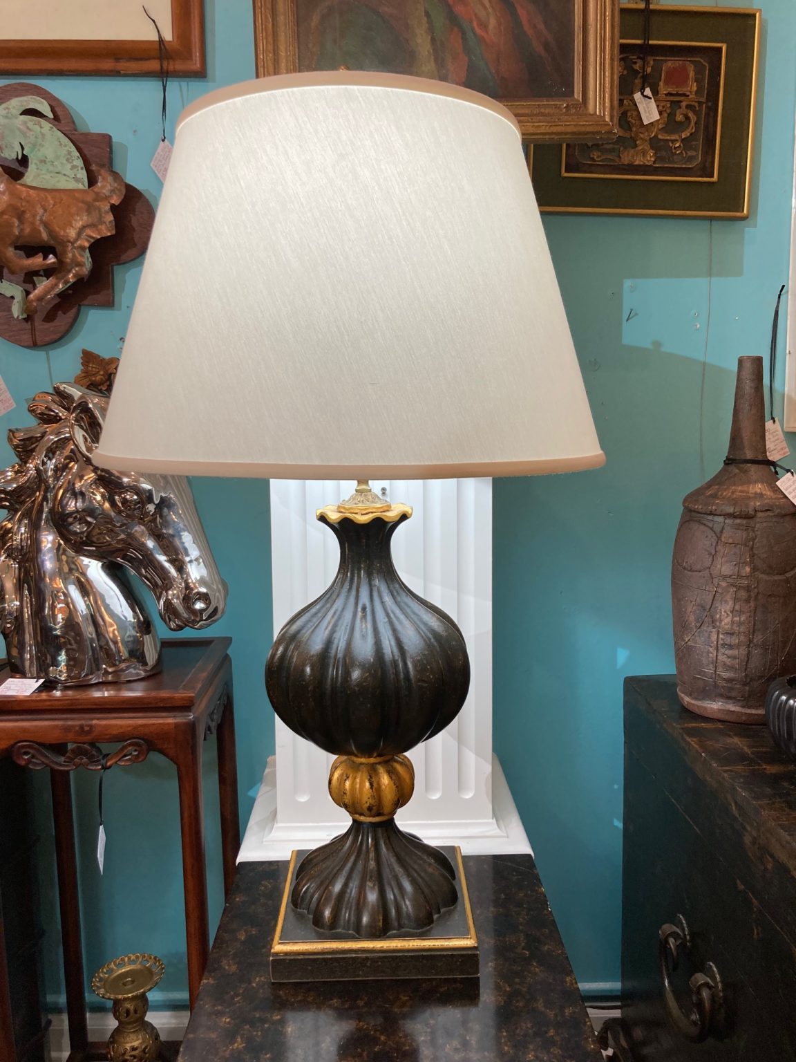 Black and Gold Wooden Urn Lamp Ark Antiques, La Jolla, CA