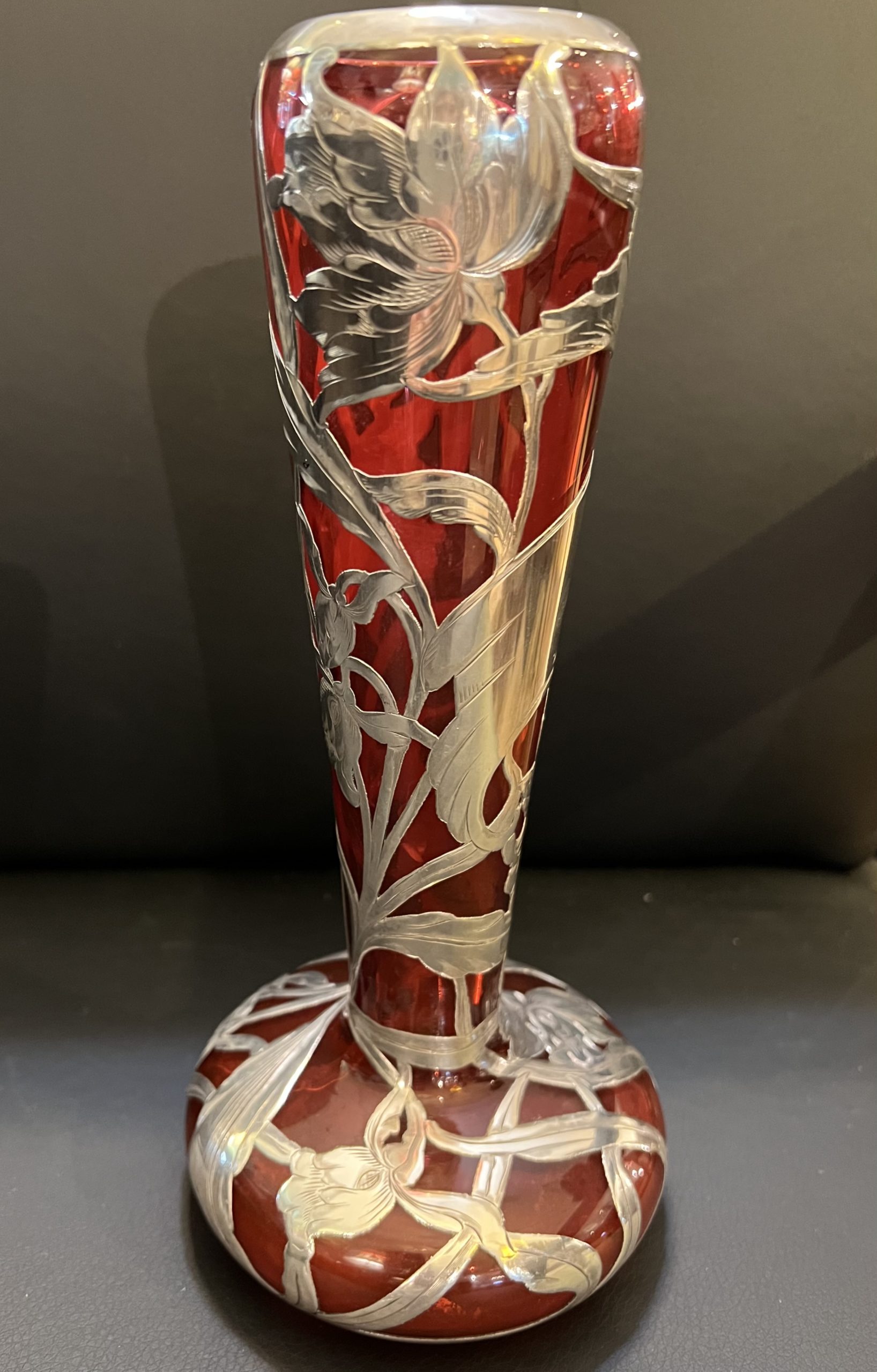 Art Nouveau Sterling Red Glass Vase