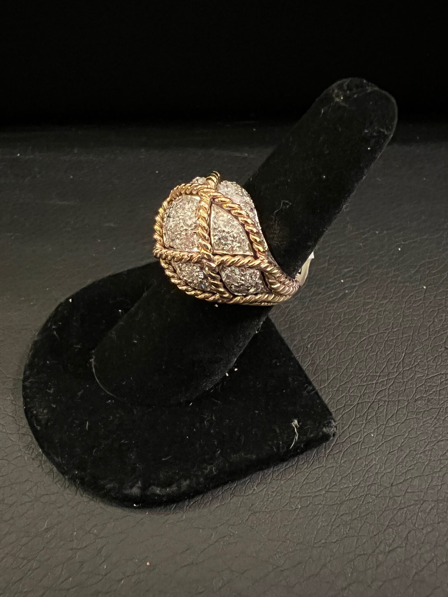 Diamond Dome Ring Gold Rope Detail