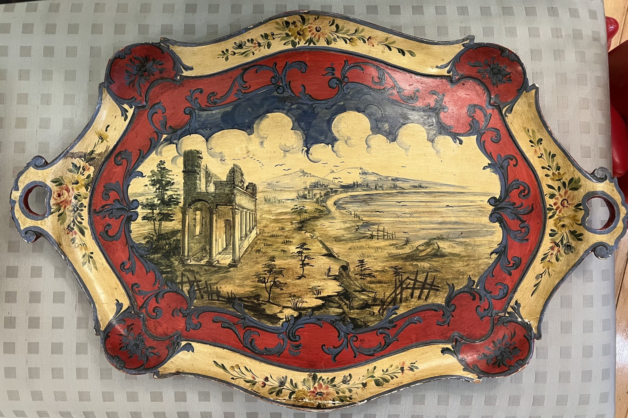 Hand Painted Antique Wood Tray