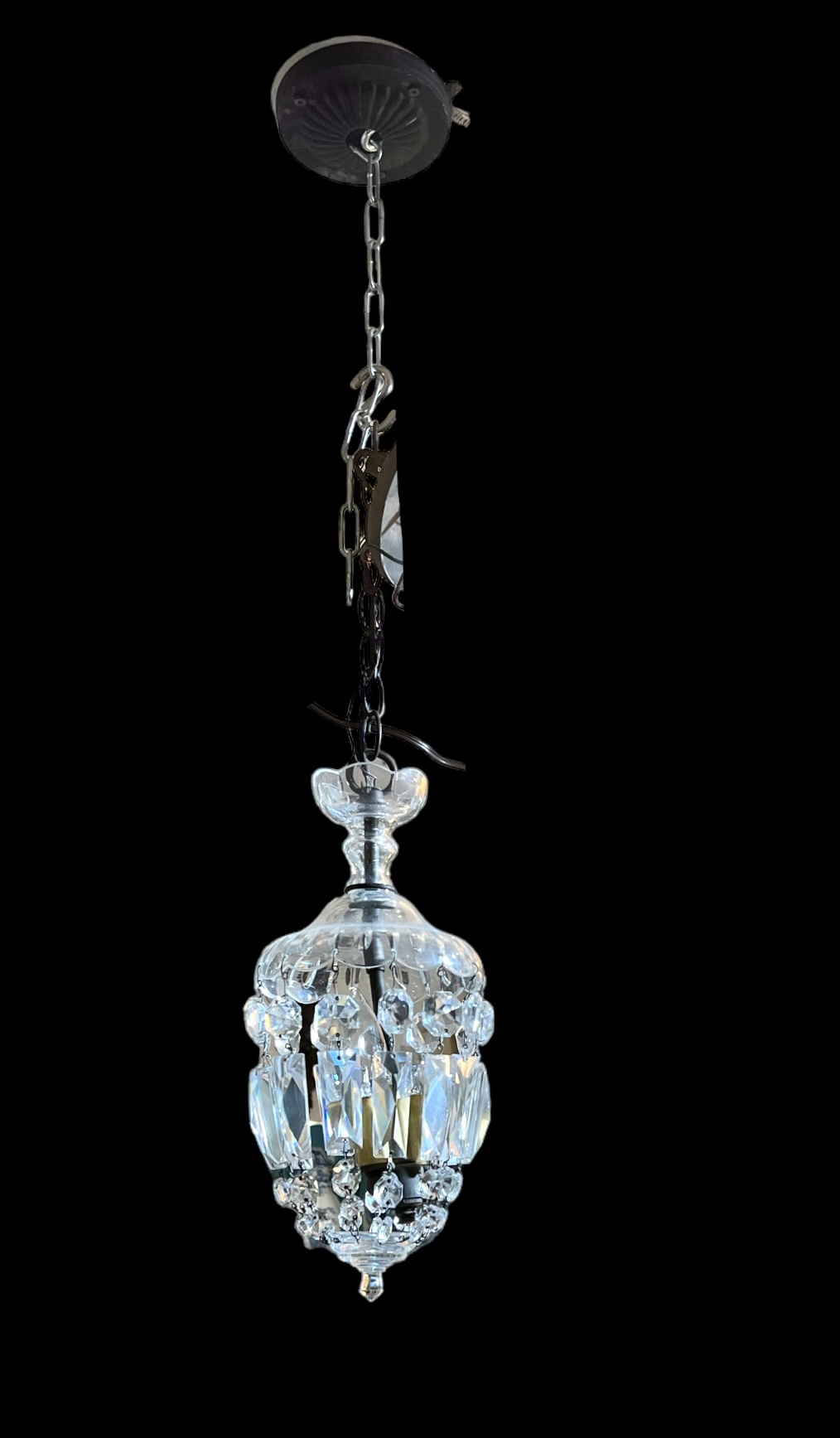 Antique Small Crystal Pendant Lamp Pair