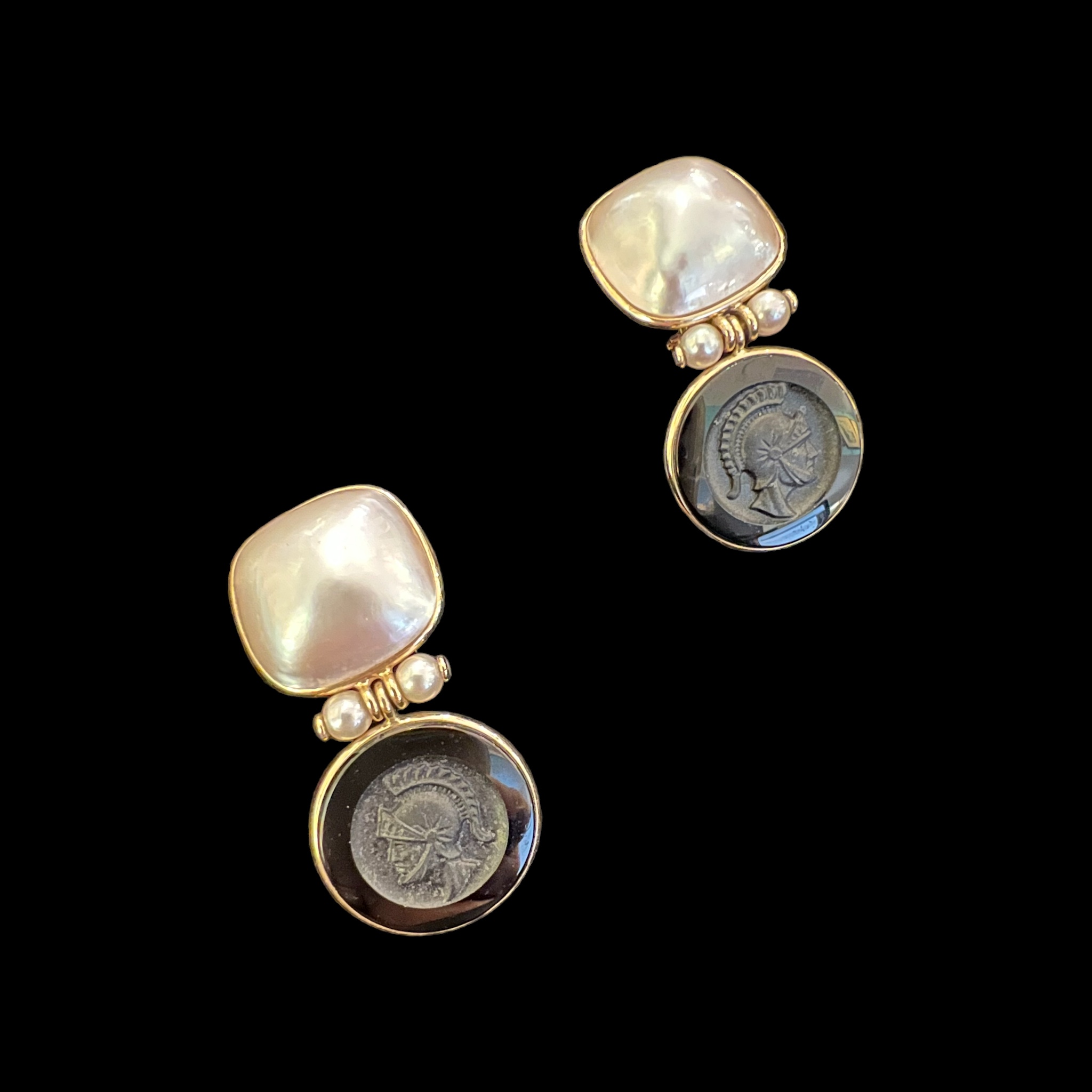 Onyx Intaglio Mabe Pearl Earrings