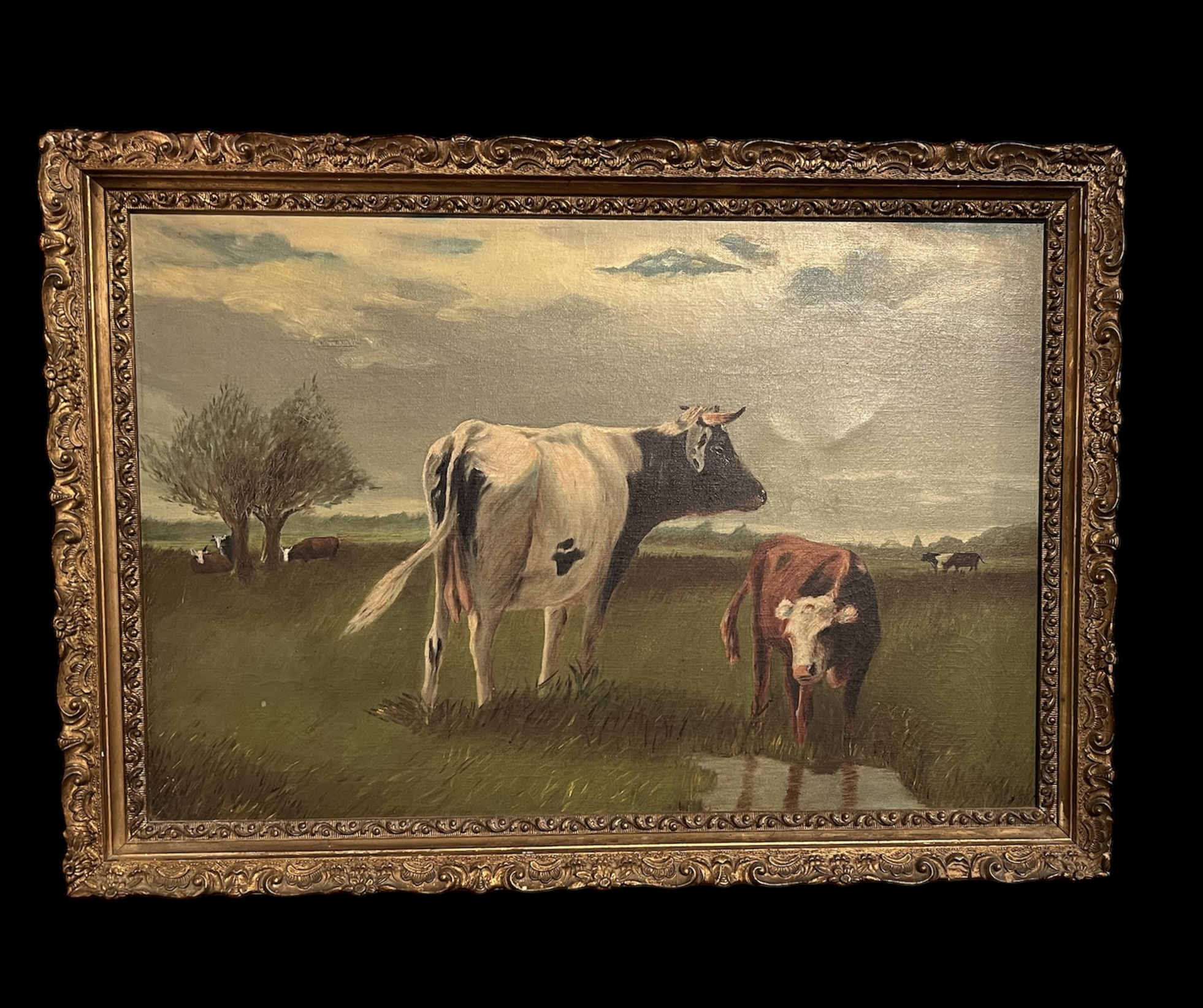 Antique Oil Painting Cow Pasture