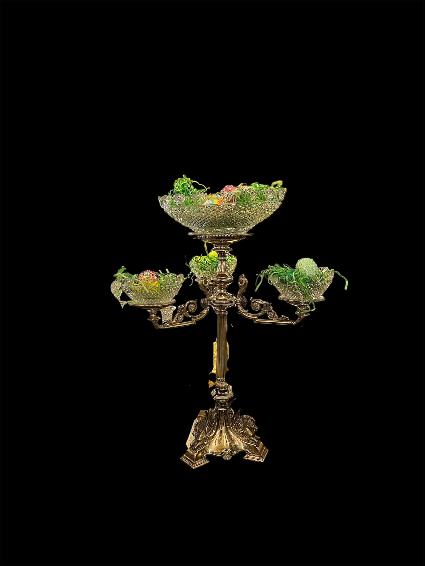 Elkington Silverplate Crystal 3 Arm Epergnes
