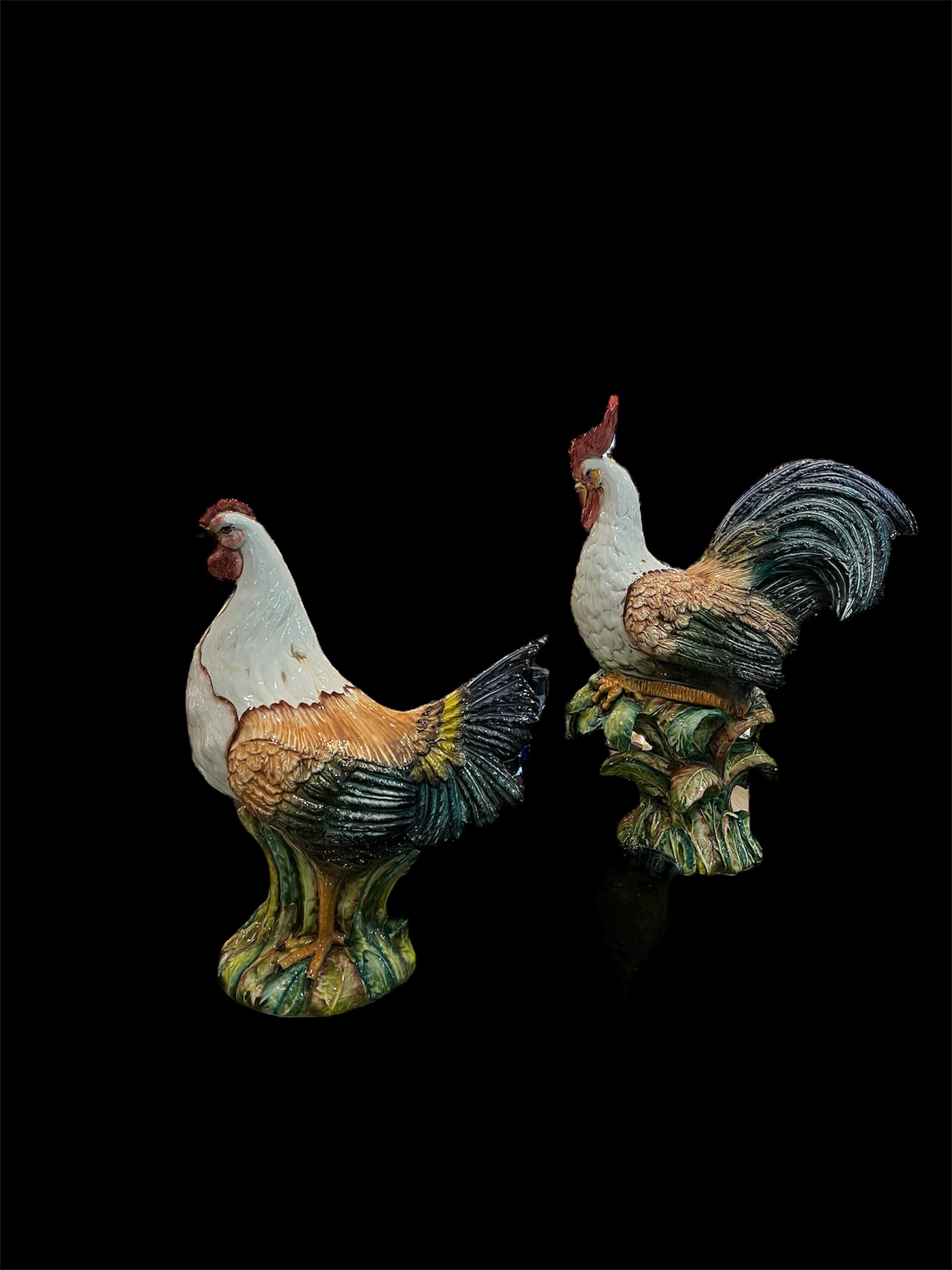 Oversized Italian Pair Majolica Chickens