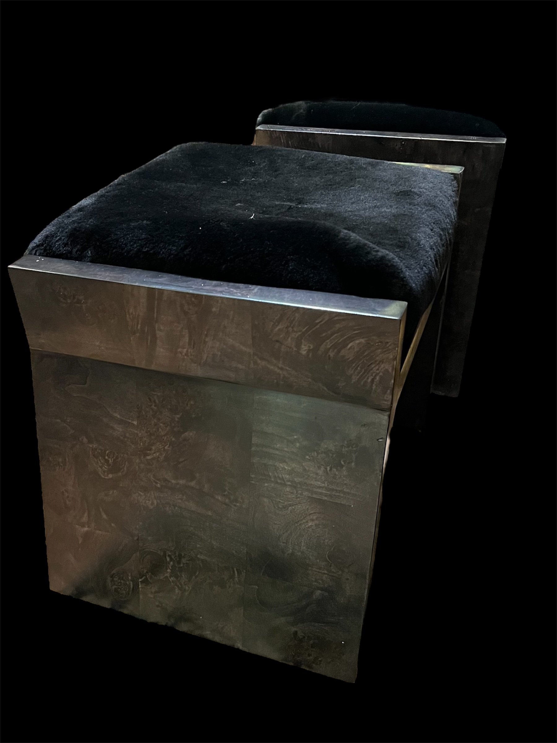 Pair Contemporary Black Plush Ottomans